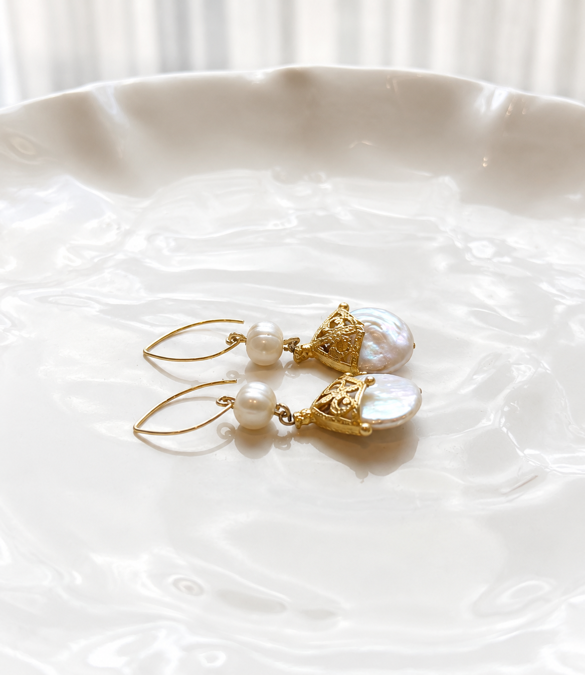 Gold Freshwater Pearl Drop Earrings – Floral Wedding Earrings