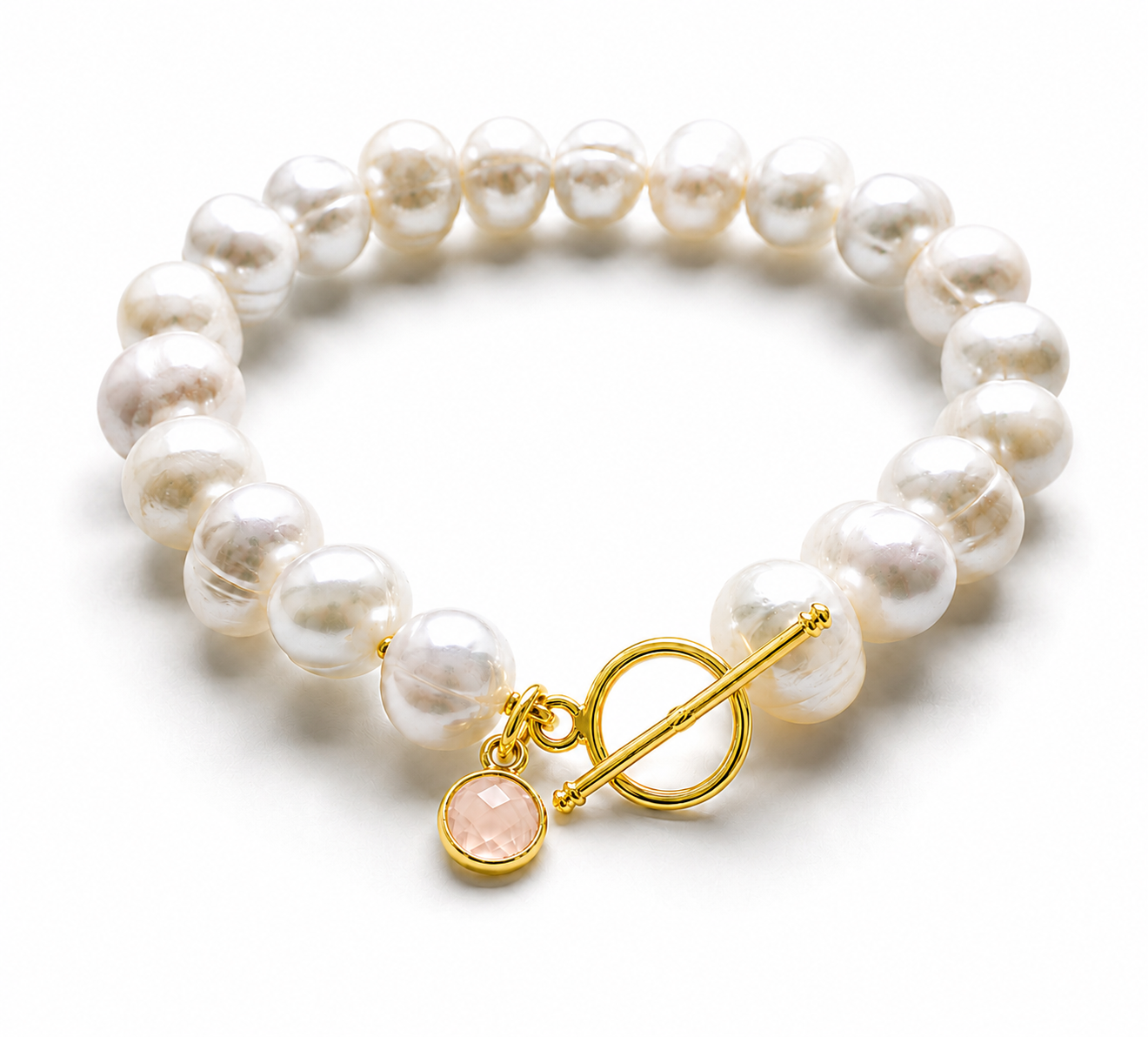 October Birthstone Pearl Bracelet Rose Quartz, Gold Charm Bracelet, Freshwater Pearl Bracelet, October Birthday Gift for Her, Bridesmaid