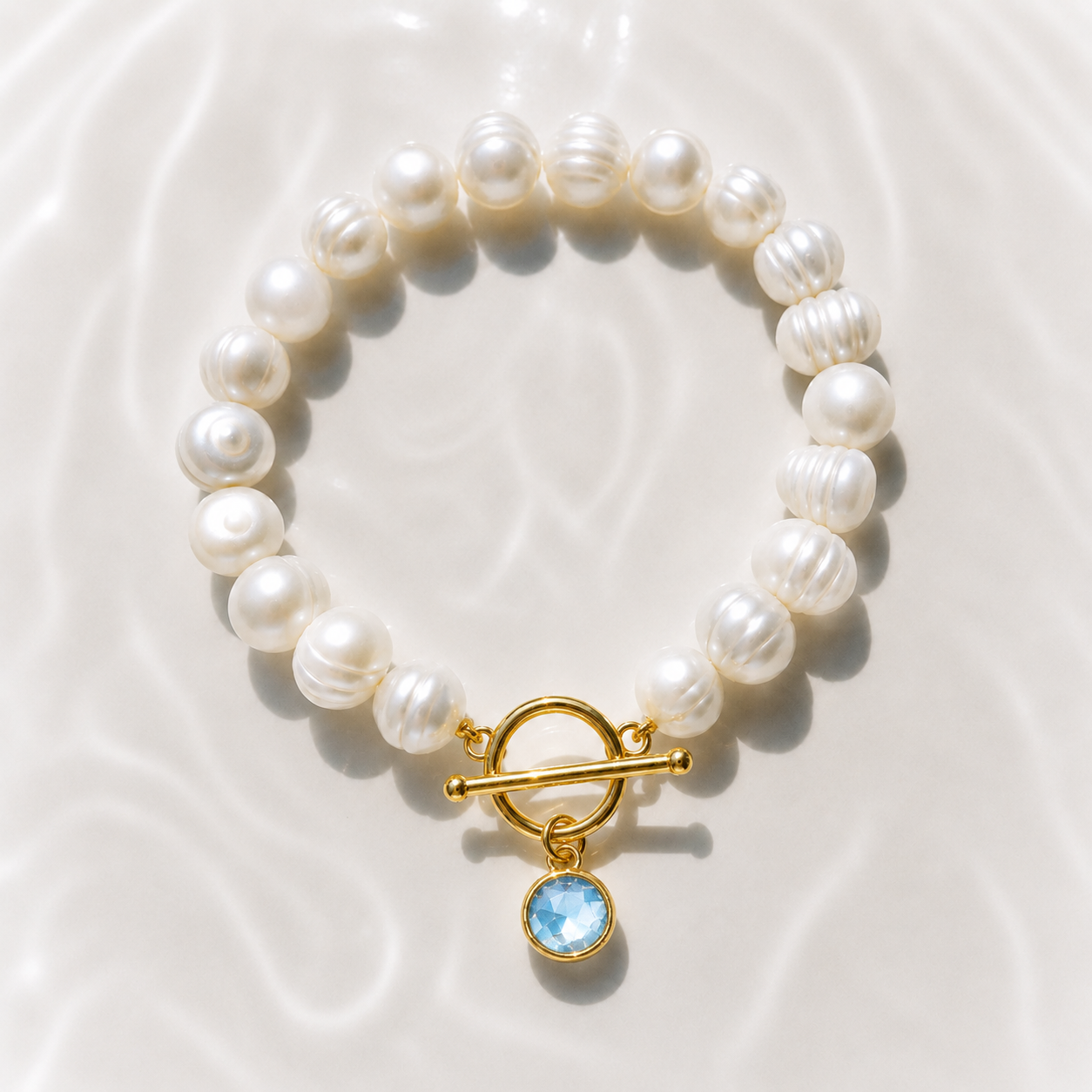 March Birthstone Pearl Bracelet, Aquamarine Charm Bracelet, Freshwater Pearl Bracelet Gold, Bridesmaid Gift for Her, March Birthday Gift