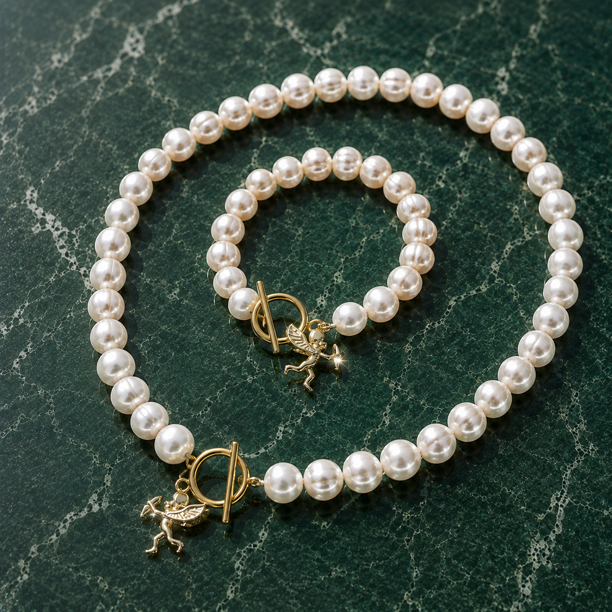 White pearl charm necklace with dainty gold Cupid / cherub charm, classic white pearl jewelry, unique pearl jewelry, summer jewelry