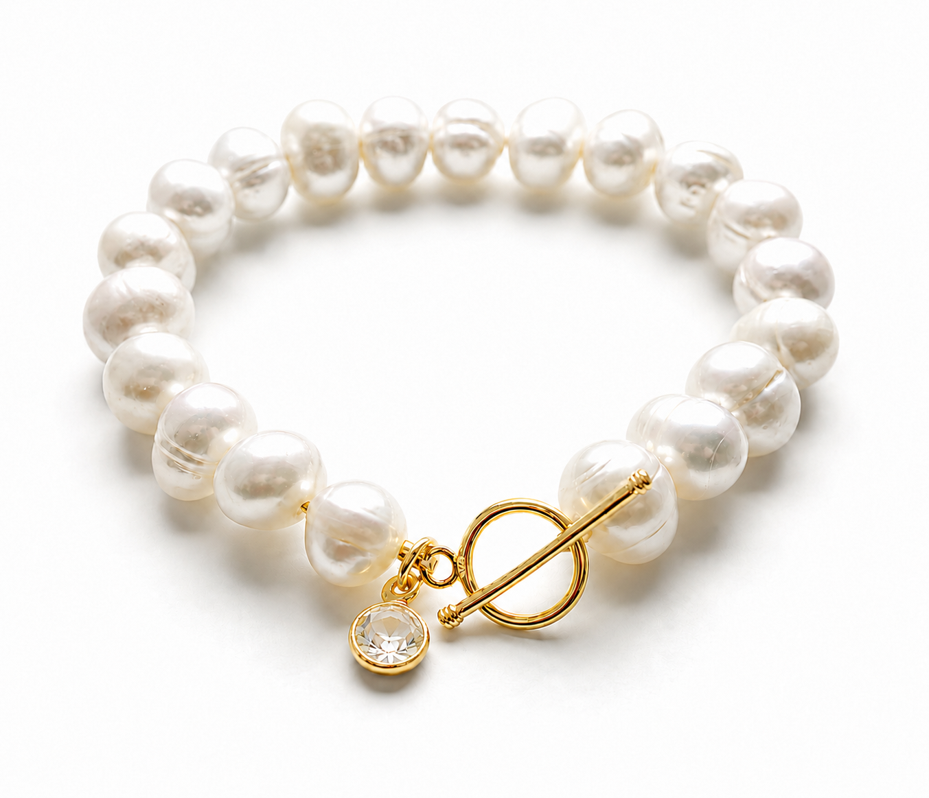 April Birthstone Pearl Bracelet, Crystal Charm Bracelet, Freshwater Pearl Bracelet Gold, April Birthday Gift for Her, Bridesmaid Jewelry