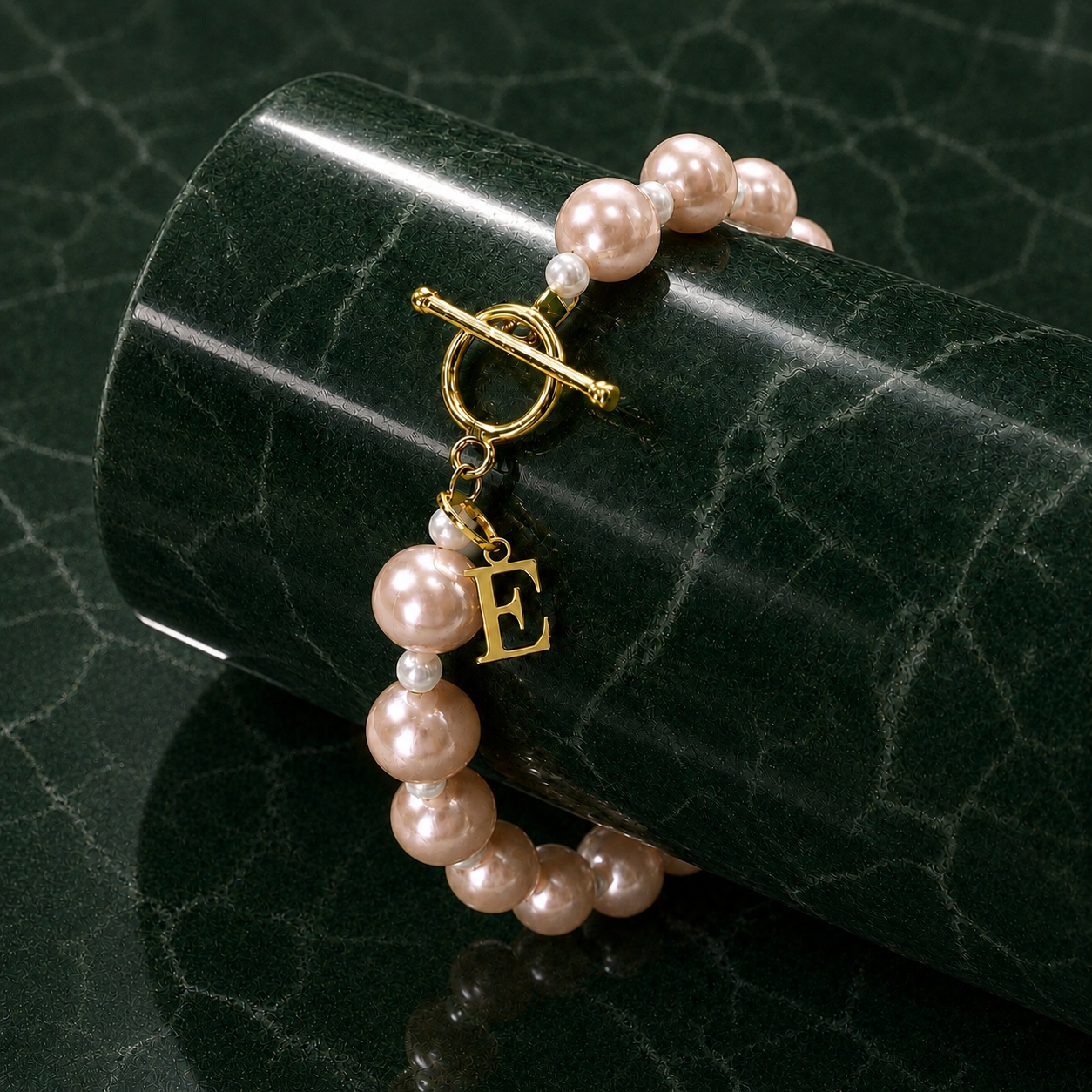 Letter charm bracelet, freshwater peach pearl bracelet with gold vermeil clasp and initial letter charm, personalized jewelry gifts