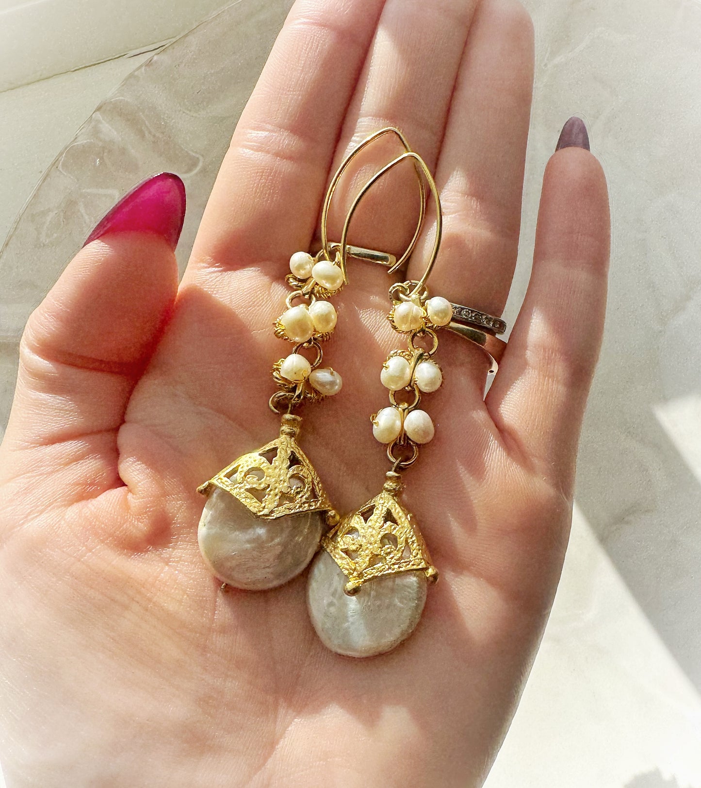 Statement Dangle Pearl Earrings, Vintage Style Gold Drop Earrings with White Freshwater Pearls and Gold Vermeil, Gold Pearl Occasion Jewelry