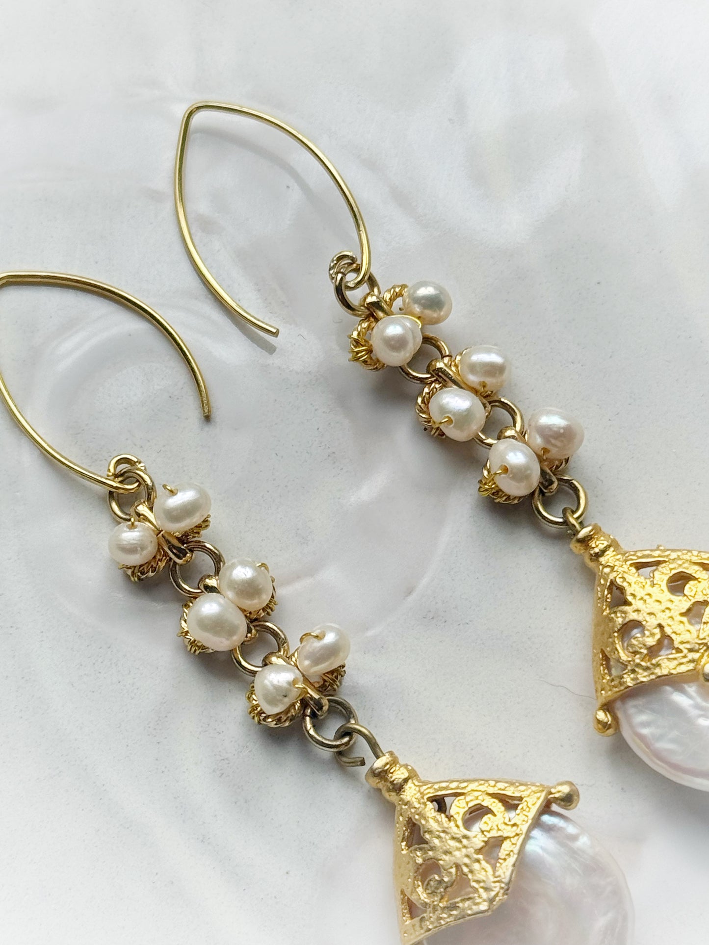 Statement Dangle Pearl Earrings, Vintage Style Gold Drop Earrings with White Freshwater Pearls and Gold Vermeil, Gold Pearl Occasion Jewelry