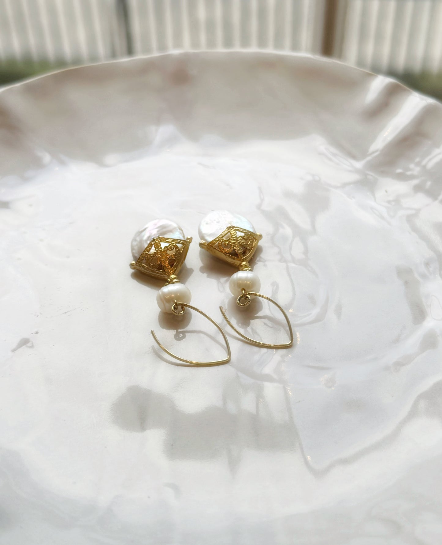 Art Nouveau Gold Pearl Dangle Earrings, Dainty Floral White Freshwater Pearl Earrings, Gold Vermeil Earrings, Bridal / Bridesmaid Jewelry