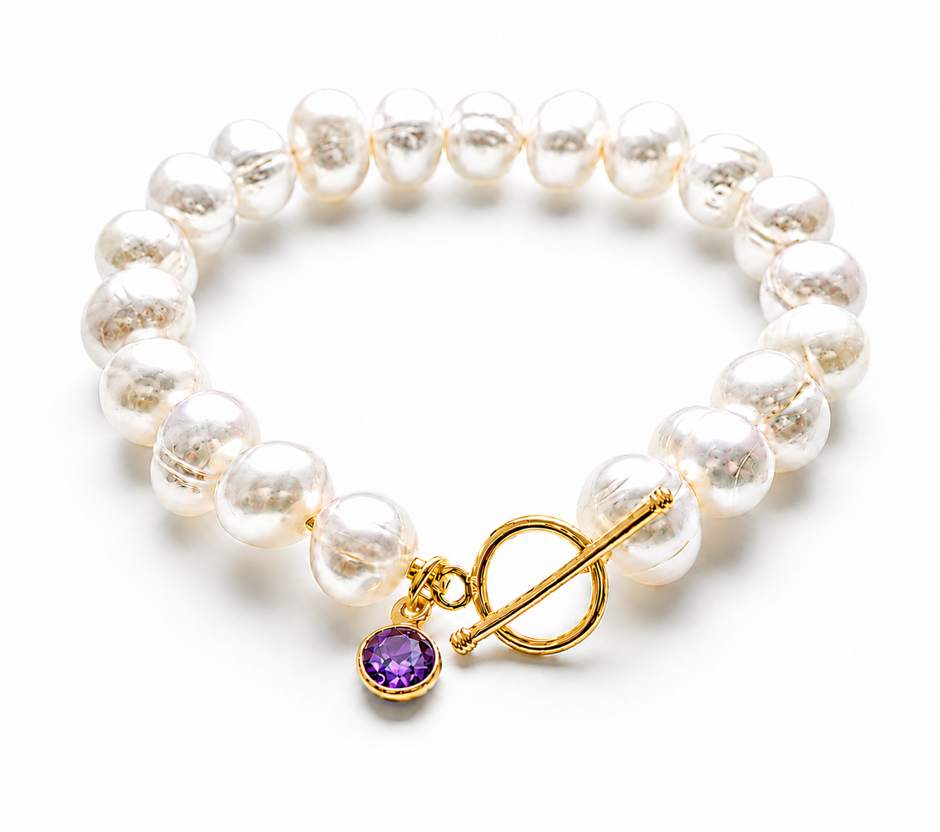 February Birthstone Pearl Bracelet, Amethyst Charm Bracelet, Freshwater Pearl Bracelet Gold, Bridesmaid Gift for Her, February Birthday Gift