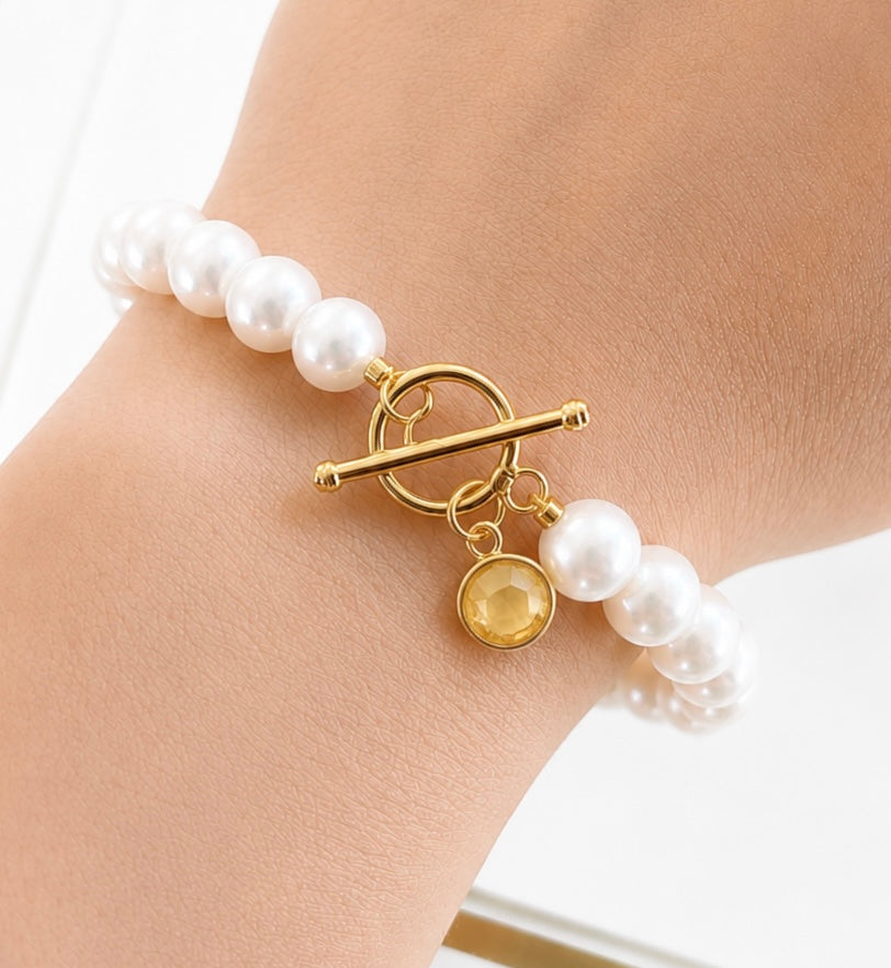 November Birthstone Pearl Bracelet Citrine, Gold Charm Bracelet, Freshwater Pearl Bracelet, November Birthday Gift for Her, Bridesmaid Gift