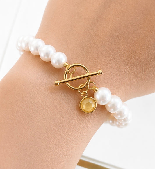November Birthstone Pearl Bracelet Citrine, Gold Charm Bracelet, Freshwater Pearl Bracelet, November Birthday Gift for Her, Bridesmaid Gift