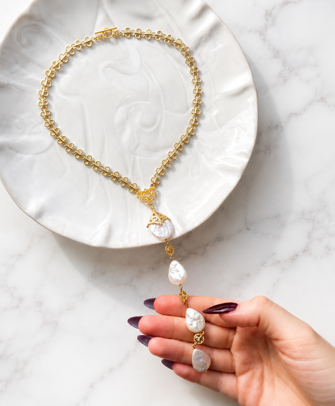 Teardrop Freshwater Pearl Lariat Necklace – Gold Bridal Necklace