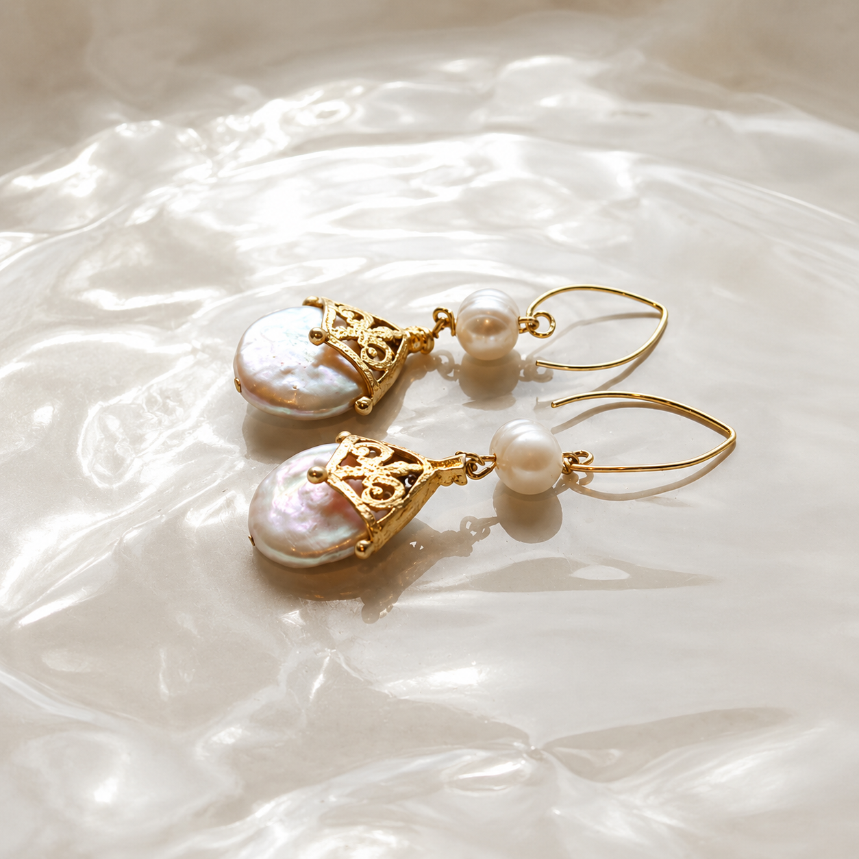 Gold Freshwater Pearl Drop Earrings – Floral Wedding Earrings