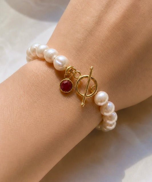 January Birthstone Pearl Bracelet, Garnet Charm Bracelet, Freshwater Pearl Bracelet, Gold Toggle Bracelet, Birthday Gift for Her Jewelry