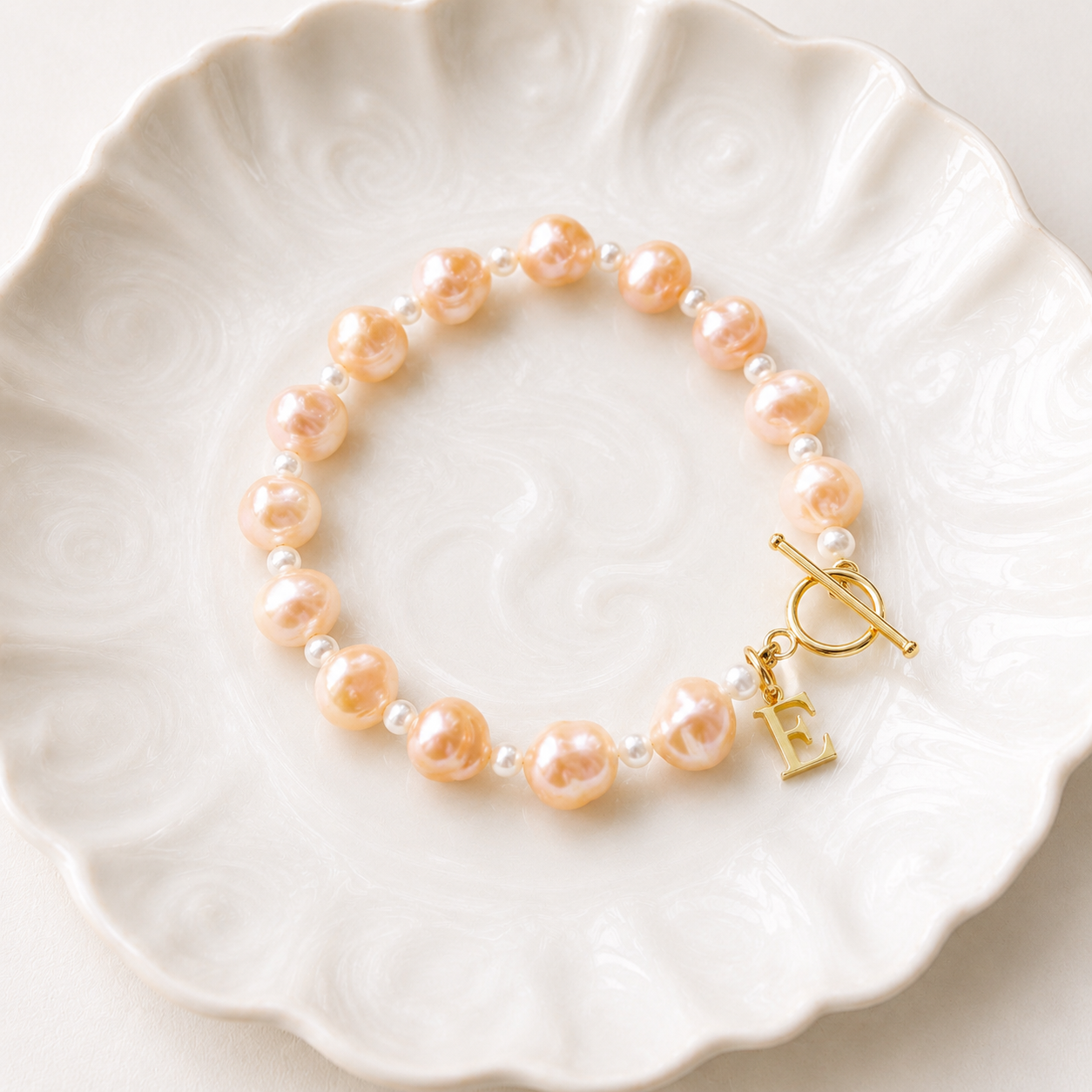Letter charm bracelet, freshwater peach pearl bracelet with gold vermeil clasp and initial letter charm, personalized jewelry gifts