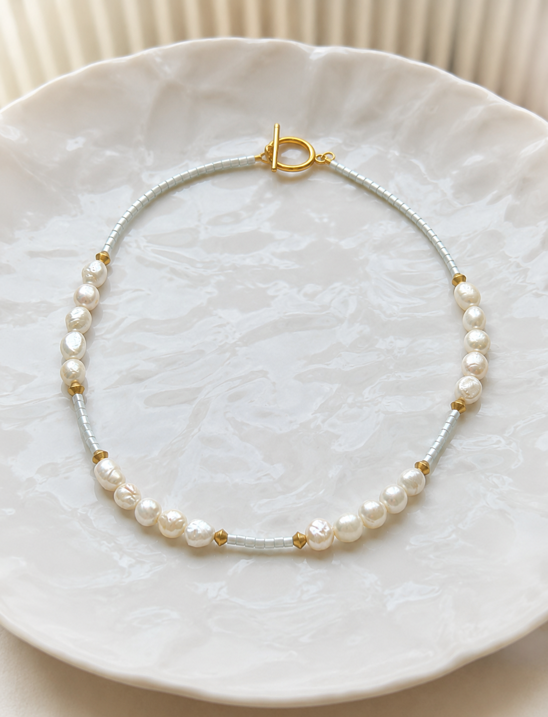 Dainty Blue Seed Bead Choker Necklace with Freshwater Pearl | The RAINA Necklace