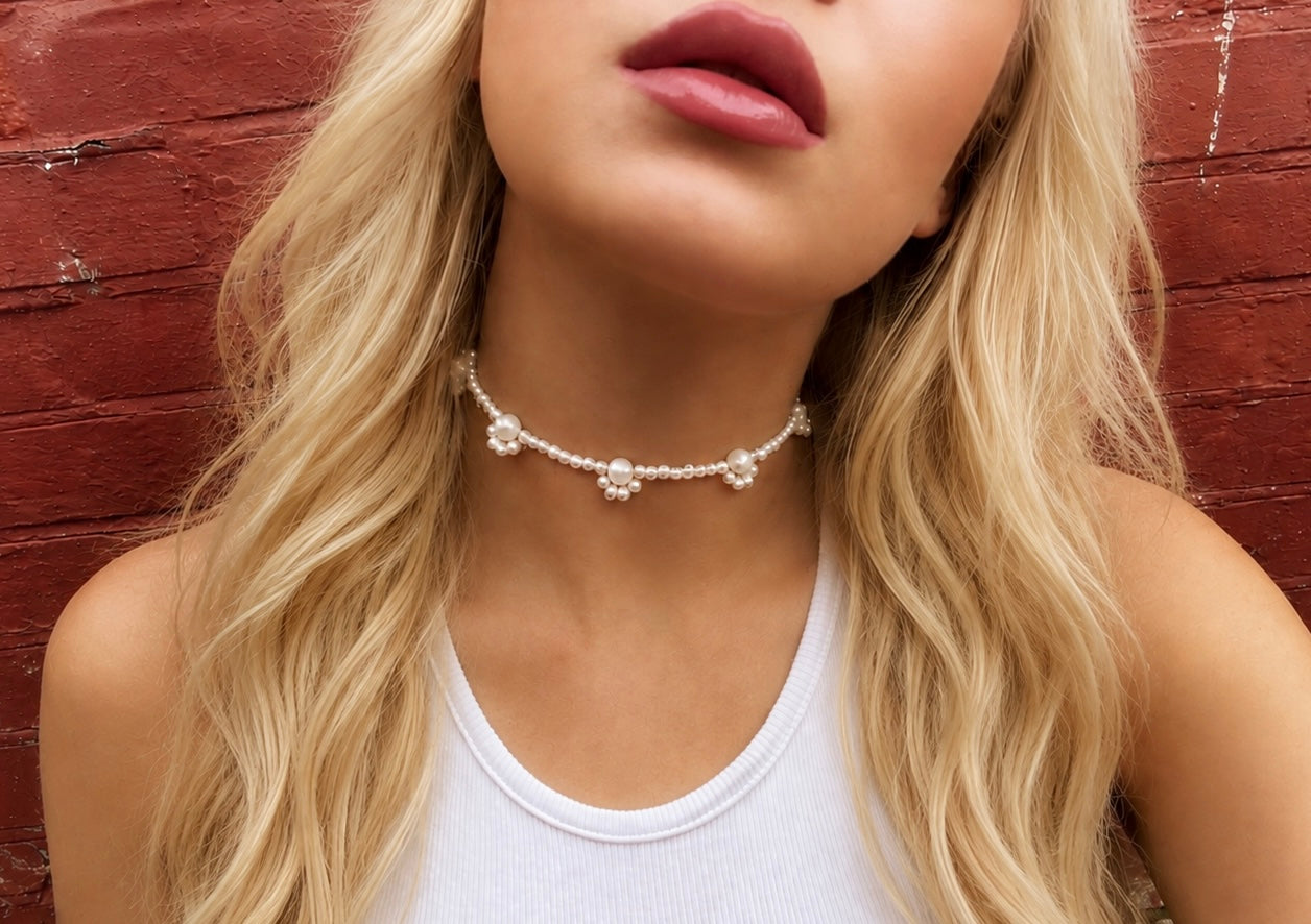 Freshwater Pearl Flower Choker Necklace - Modern Pearl Bridal Jewelry