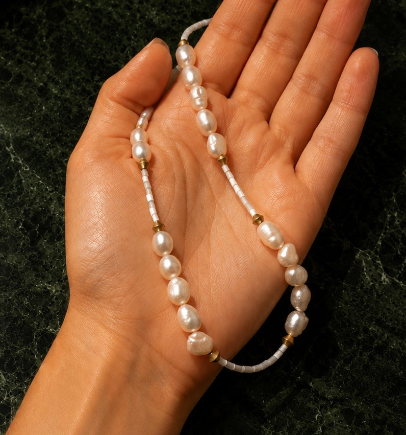 Dainty Blue Seed Bead Choker Necklace with Freshwater Pearl | The RAINA Necklace