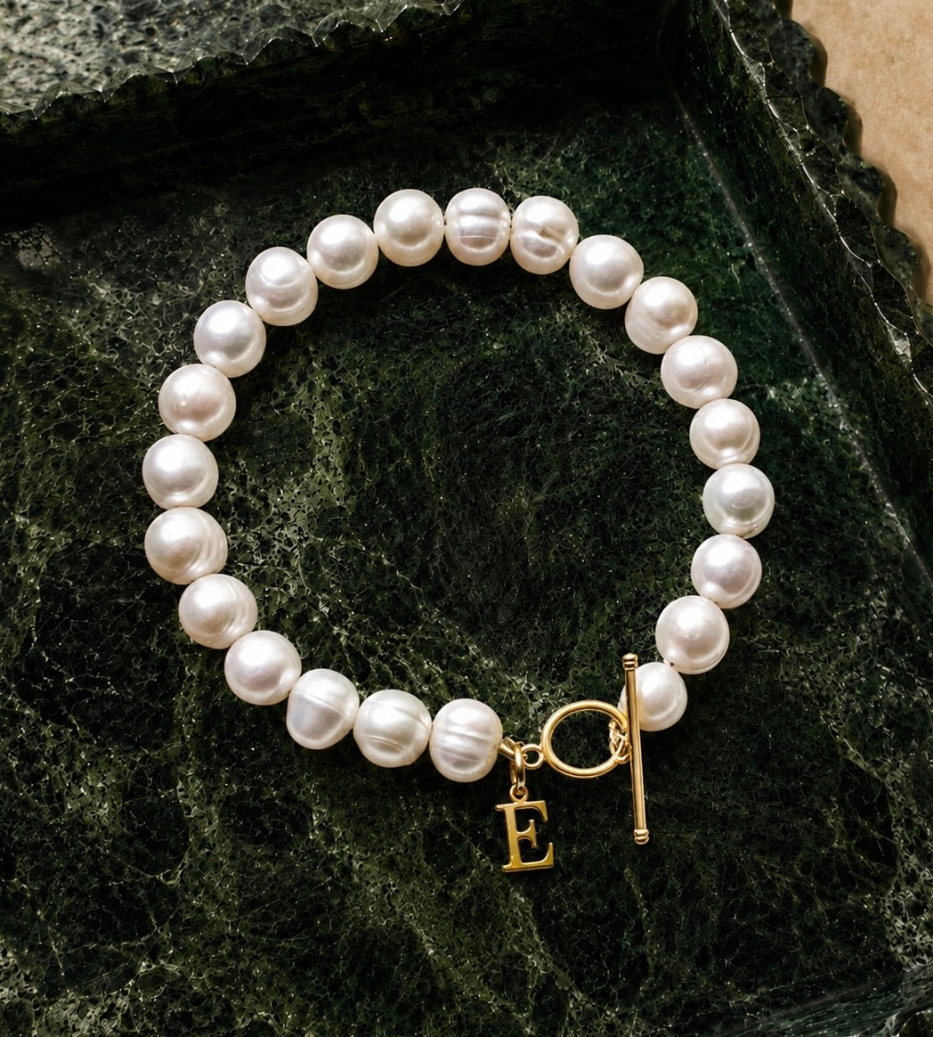 Initial Letter Bracelet, Genuine Natural Freshwater Pearl Charm Bracelet, Gold Vermeil Letter Jewelry, Personalized Birthday Gifts for Mum