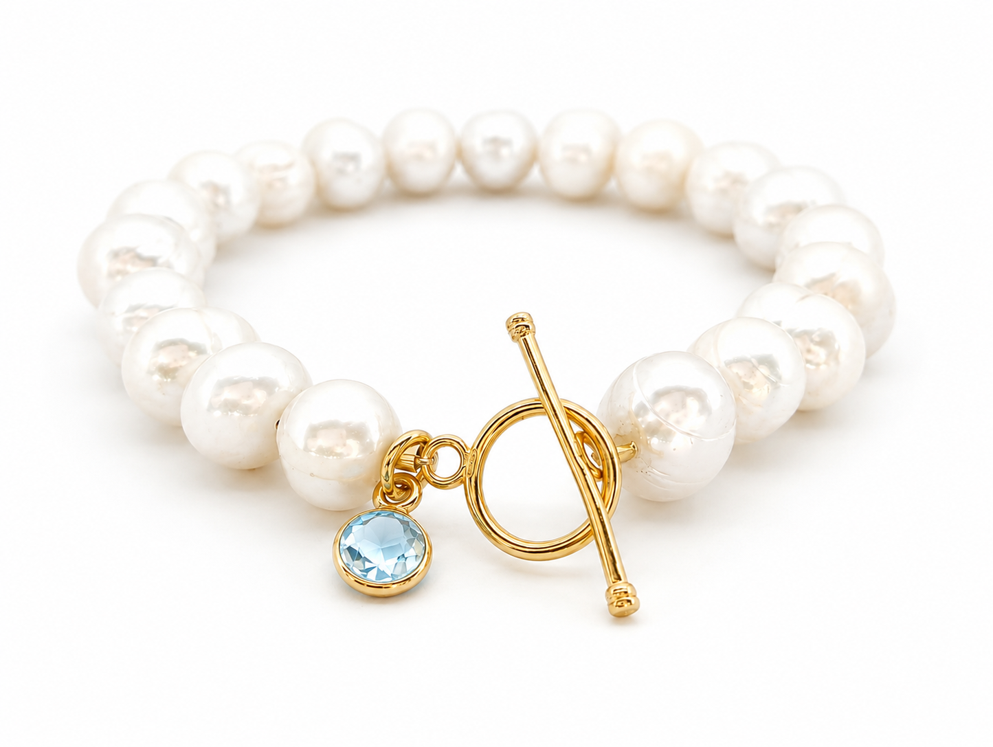 March Birthstone Pearl Bracelet, Aquamarine Charm Bracelet, Freshwater Pearl Bracelet Gold, Bridesmaid Gift for Her, March Birthday Gift