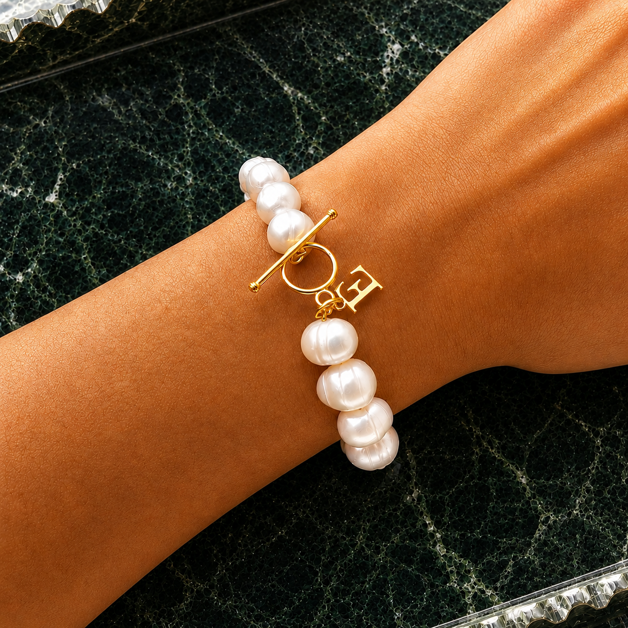 Initial Letter Bracelet, Genuine Natural Freshwater Pearl Charm Bracelet, Gold Vermeil Letter Jewelry, Personalized Birthday Gifts for Mum