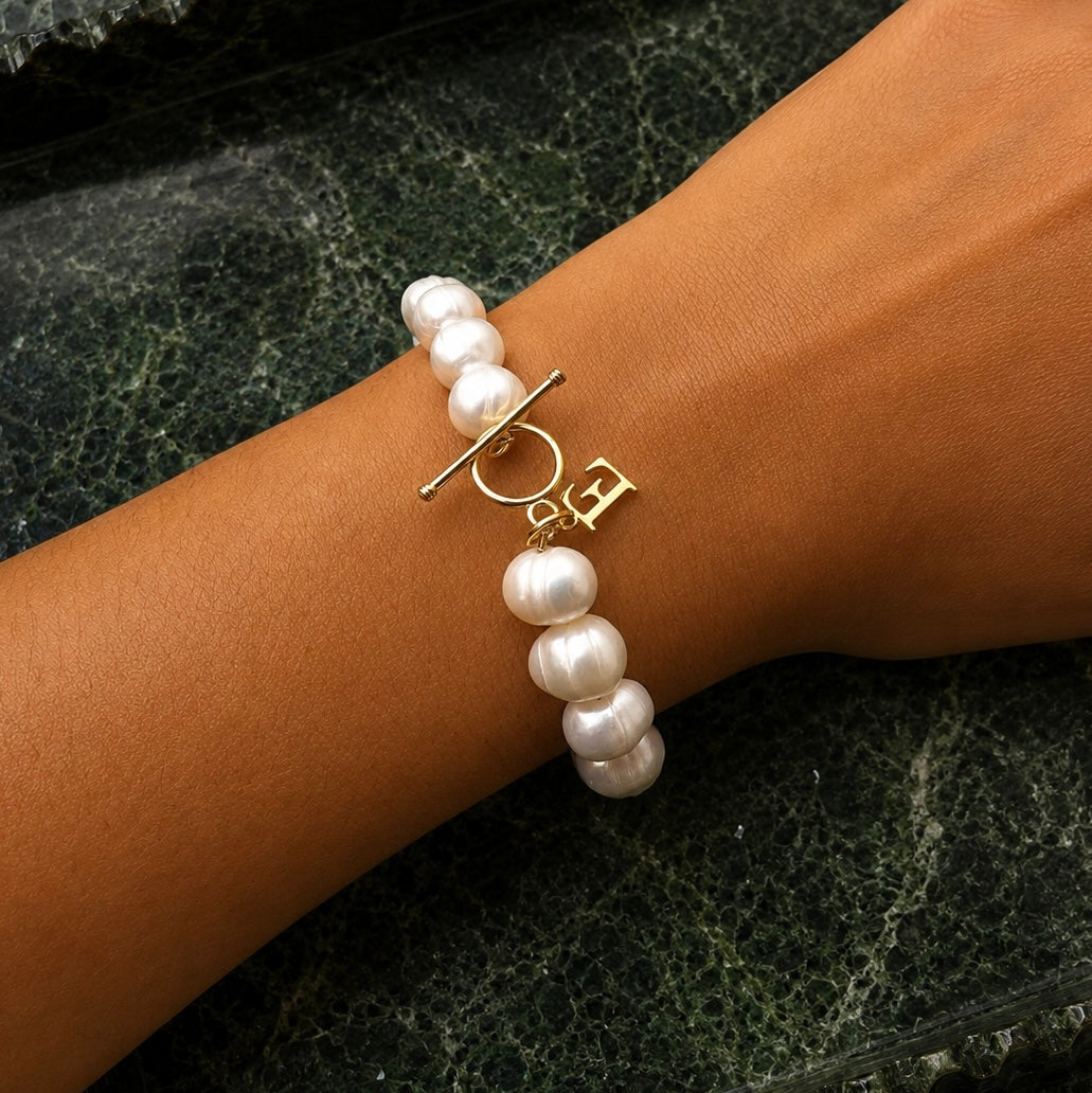 Initial Letter Bracelet, Genuine Natural Freshwater Pearl Charm Bracelet, Gold Vermeil Letter Jewelry, Personalized Birthday Gifts for Mum