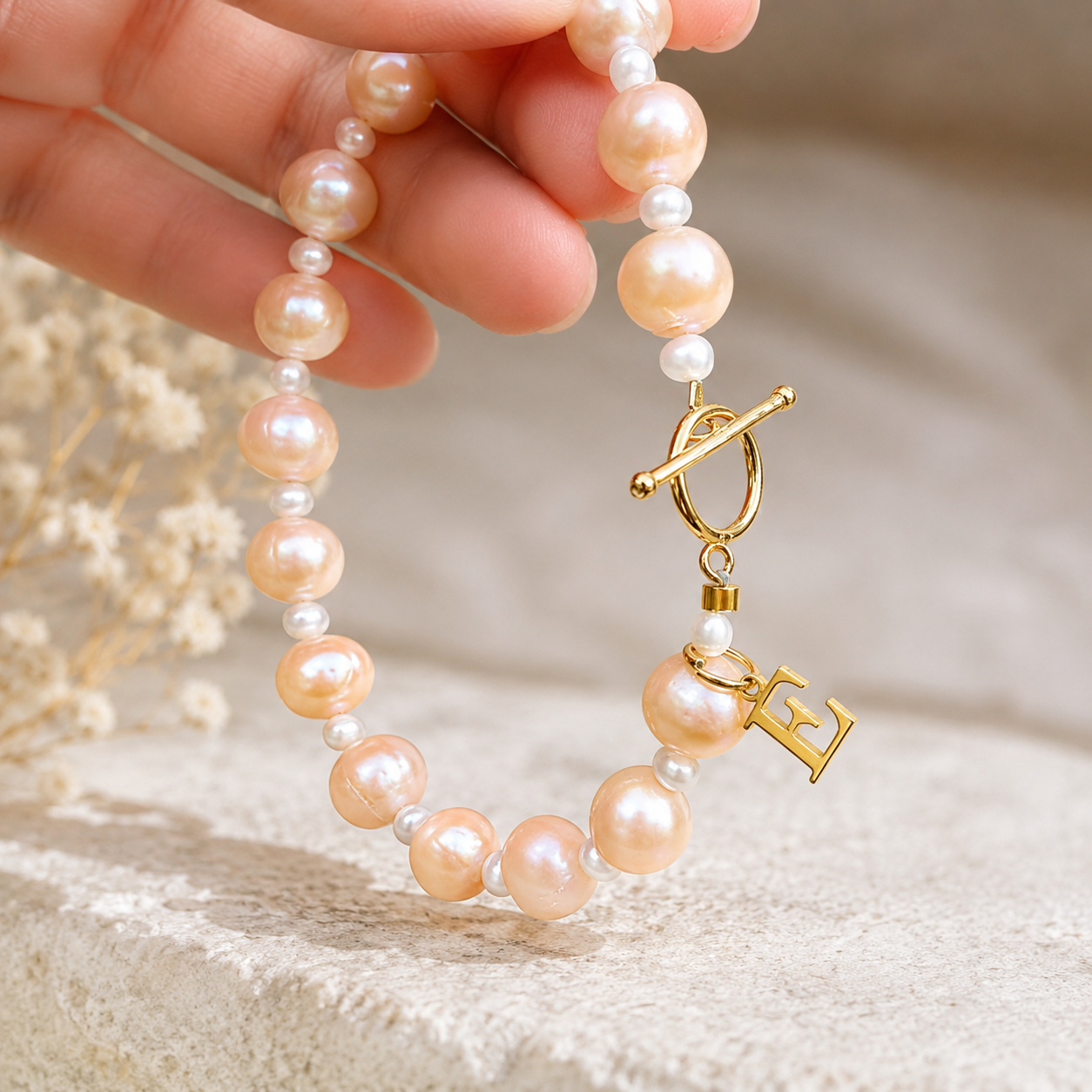 Letter charm bracelet, freshwater peach pearl bracelet with gold vermeil clasp and initial letter charm, personalized jewelry gifts