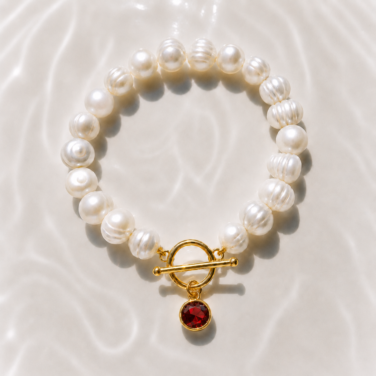 January Birthstone Pearl Bracelet, Garnet Charm Bracelet, Freshwater Pearl Bracelet, Gold Toggle Bracelet, Birthday Gift for Her Jewelry