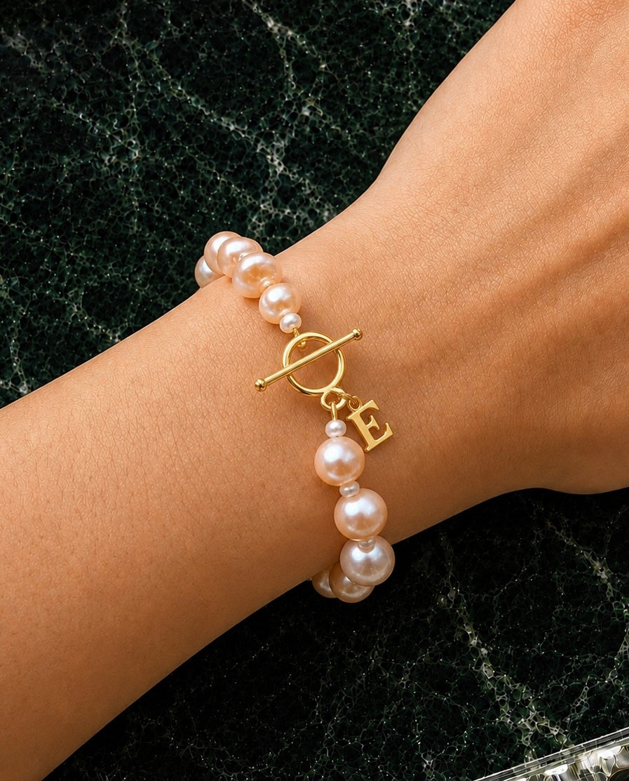 Letter charm bracelet, freshwater peach pearl bracelet with gold vermeil clasp and initial letter charm, personalized jewelry gifts