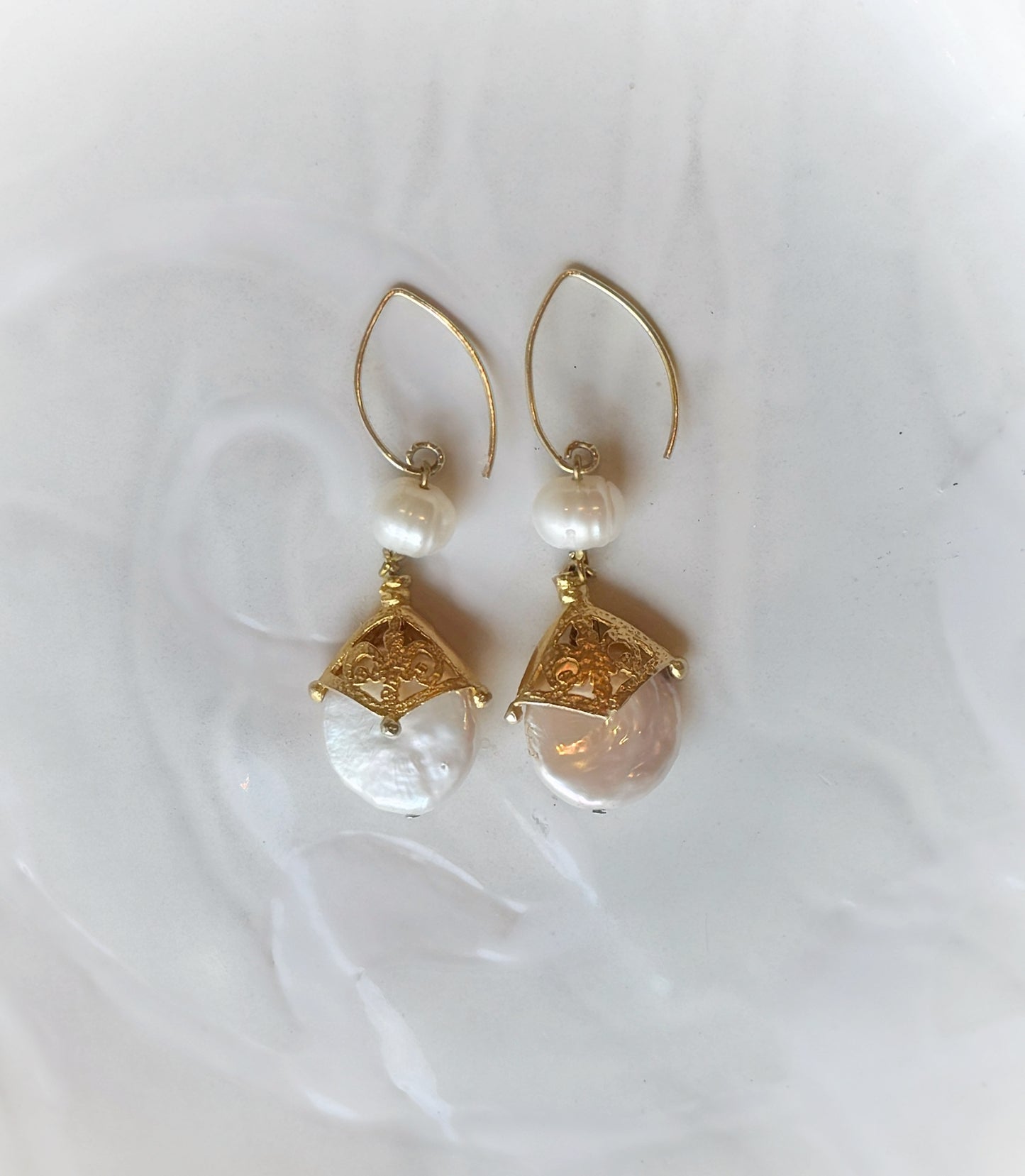 Art Nouveau Gold Pearl Dangle Earrings, Dainty Floral White Freshwater Pearl Earrings, Gold Vermeil Earrings, Bridal / Bridesmaid Jewelry