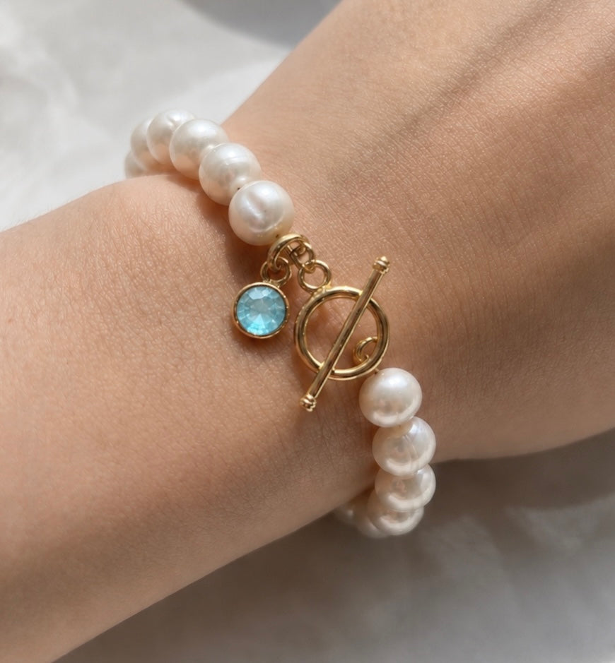 March Birthstone Pearl Bracelet, Aquamarine Charm Bracelet, Freshwater Pearl Bracelet Gold, Bridesmaid Gift for Her, March Birthday Gift