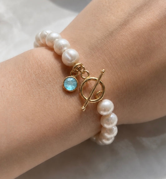March Birthstone Pearl Bracelet, Aquamarine Charm Bracelet, Freshwater Pearl Bracelet Gold, Bridesmaid Gift for Her, March Birthday Gift