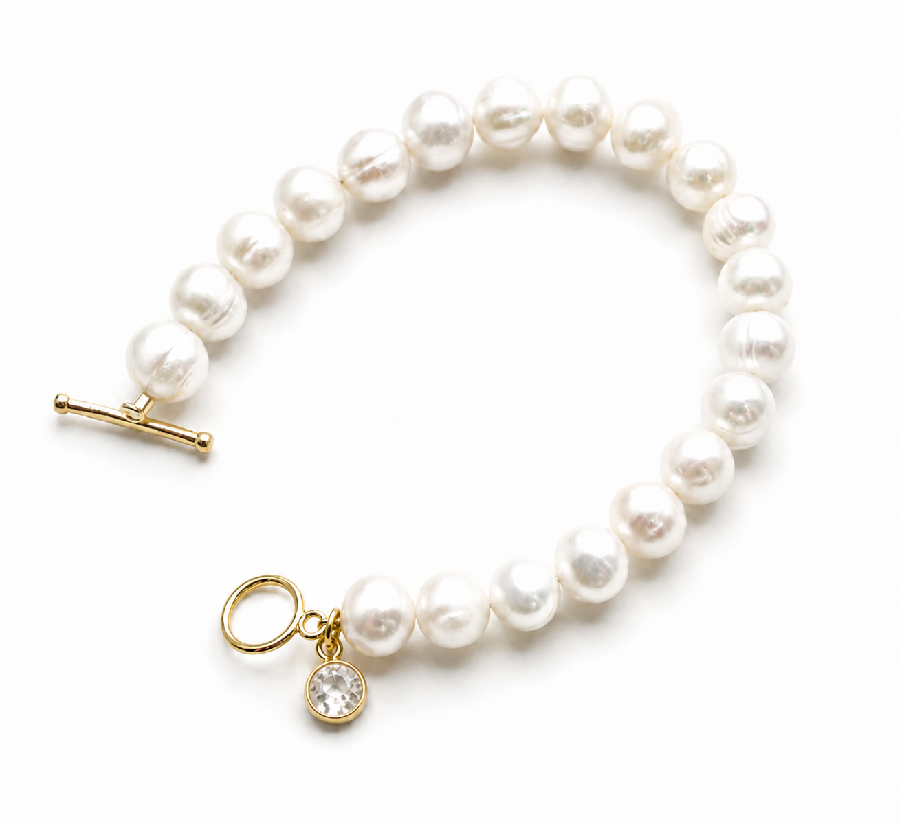 April Birthstone Pearl Bracelet, Crystal Charm Bracelet, Freshwater Pearl Bracelet Gold, April Birthday Gift for Her, Bridesmaid Jewelry