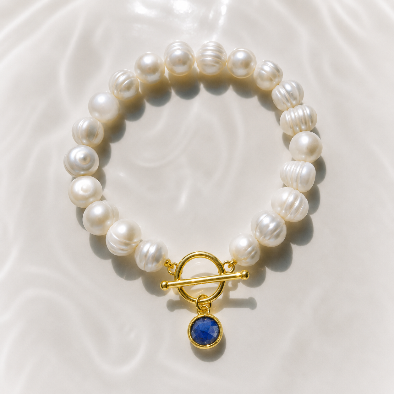 September Birthstone Pearl Bracelet Sapphire, Gold Charm Bracelet, Freshwater Pearl Bracelet, September Birthday Gift for Her Bridesmaid