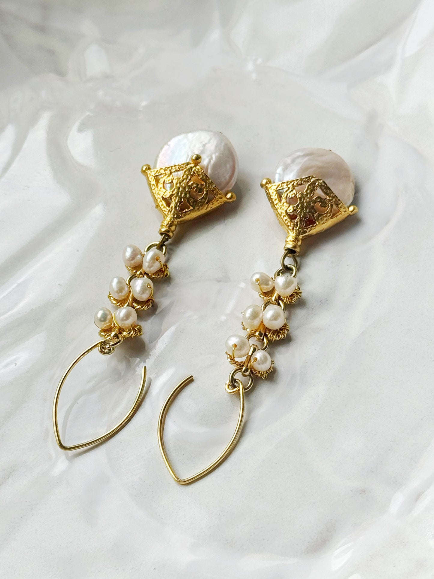 Statement Dangle Pearl Earrings, Vintage Style Gold Drop Earrings with White Freshwater Pearls and Gold Vermeil, Gold Pearl Occasion Jewelry