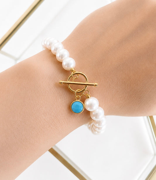 December Birthstone Pearl Bracelet, Turquoise Gold Charm Bracelet, Freshwater Pearl Bracelet Gold, December Birthday Gift for Her Bridesmaid