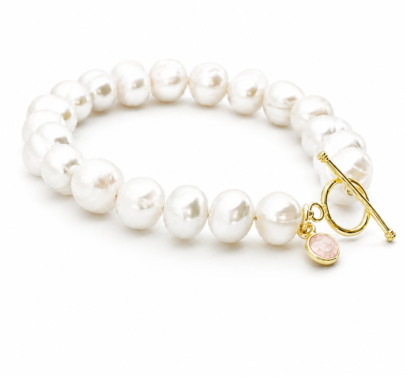 October Birthstone Pearl Bracelet Rose Quartz, Gold Charm Bracelet, Freshwater Pearl Bracelet, October Birthday Gift for Her, Bridesmaid