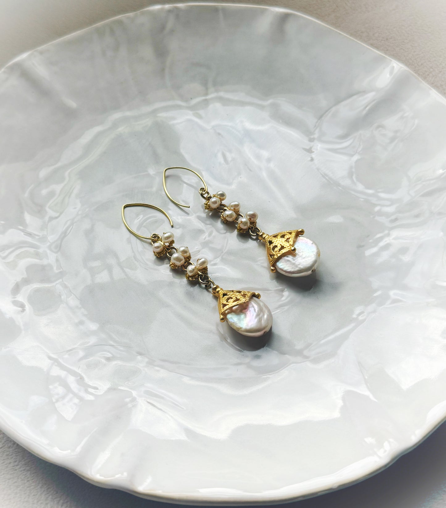 Statement Dangle Pearl Earrings, Vintage Style Gold Drop Earrings with White Freshwater Pearls and Gold Vermeil, Gold Pearl Occasion Jewelry