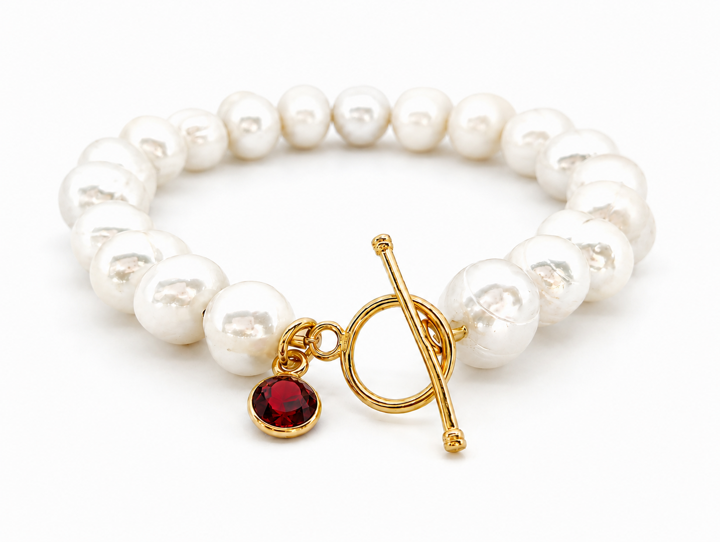 January Birthstone Pearl Bracelet, Garnet Charm Bracelet, Freshwater Pearl Bracelet, Gold Toggle Bracelet, Birthday Gift for Her Jewelry