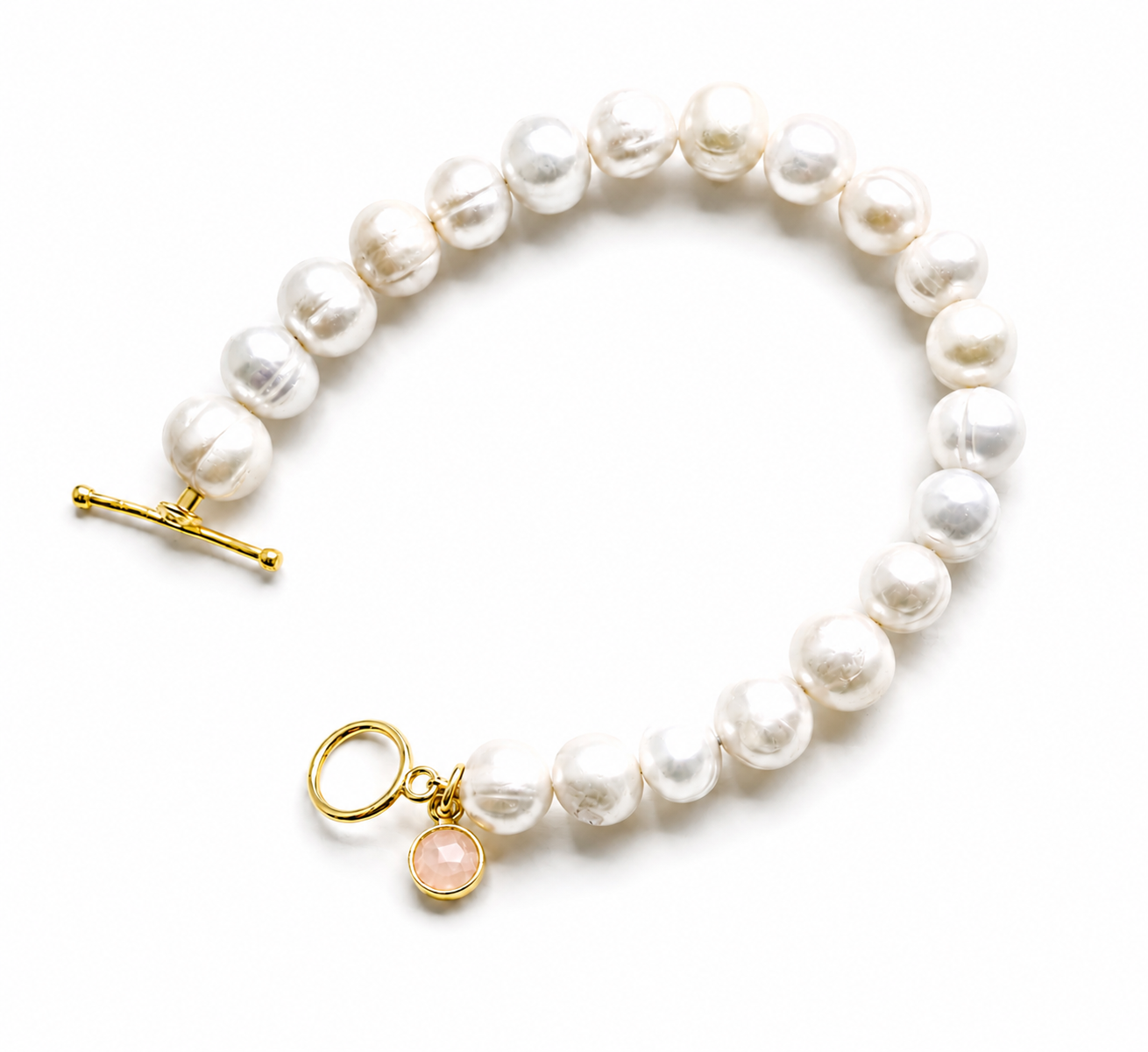 October Birthstone Pearl Bracelet Rose Quartz, Gold Charm Bracelet, Freshwater Pearl Bracelet, October Birthday Gift for Her, Bridesmaid
