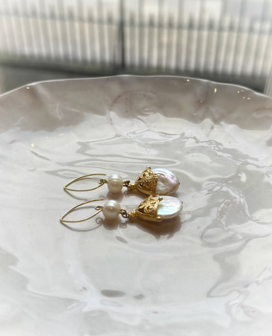 Art Nouveau Gold Pearl Dangle Earrings, Dainty Floral White Freshwater Pearl Earrings, Gold Vermeil Earrings, Bridal / Bridesmaid Jewelry