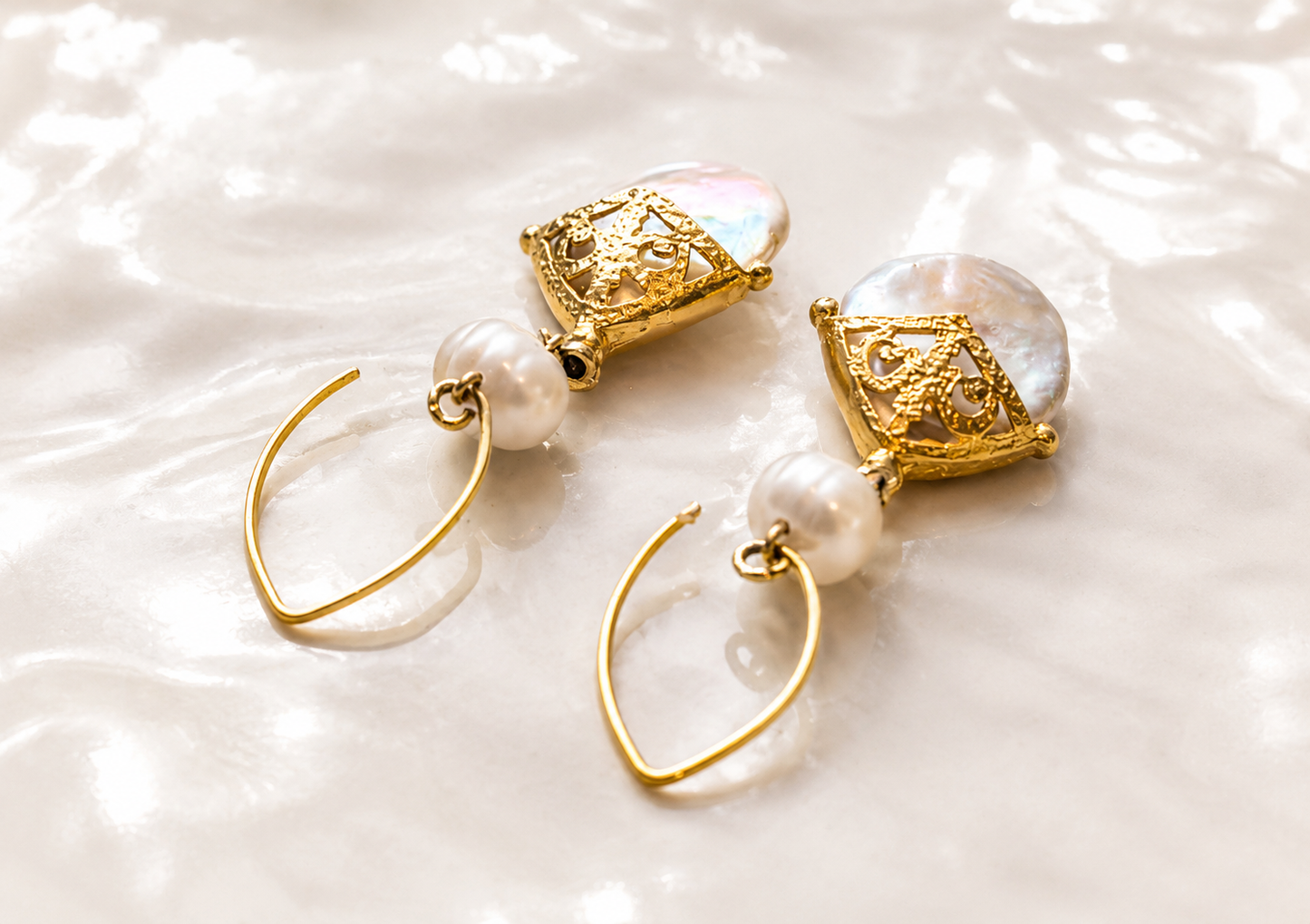 Gold Freshwater Pearl Drop Earrings – Floral Wedding Earrings