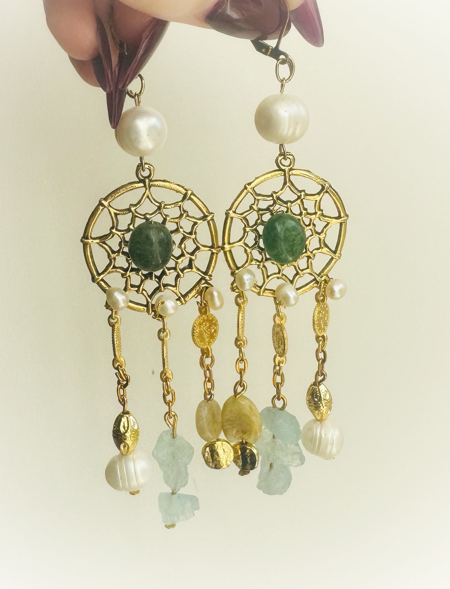 Boho Earrings, Dream Catcher Dangle Earrings, Statement Chandelier Earrings, Gold Drop Earrings, Boho Vacation Jewelry, Gemstone Jewelry