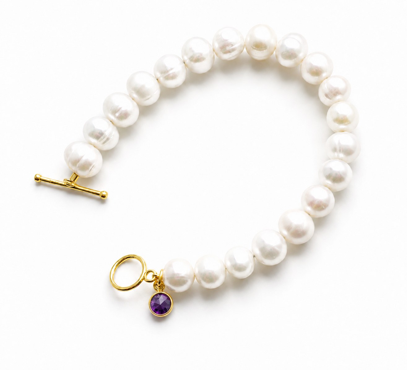 February Birthstone Pearl Bracelet, Amethyst Charm Bracelet, Freshwater Pearl Bracelet Gold, Bridesmaid Gift for Her, February Birthday Gift