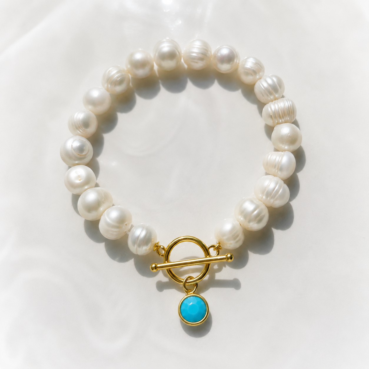 December Birthstone Pearl Bracelet, Turquoise Gold Charm Bracelet, Freshwater Pearl Bracelet Gold, December Birthday Gift for Her Bridesmaid