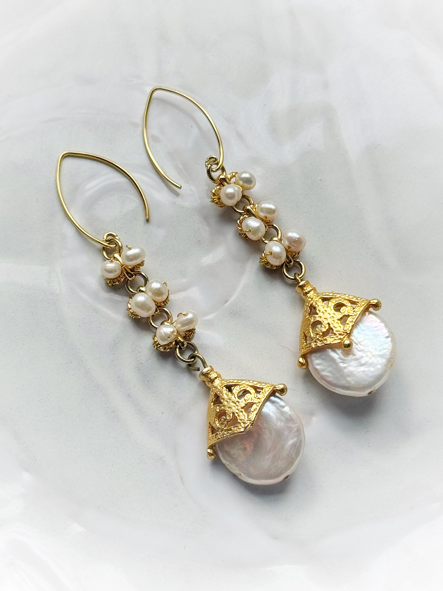 Statement Dangle Pearl Earrings, Vintage Style Gold Drop Earrings with White Freshwater Pearls and Gold Vermeil, Gold Pearl Occasion Jewelry