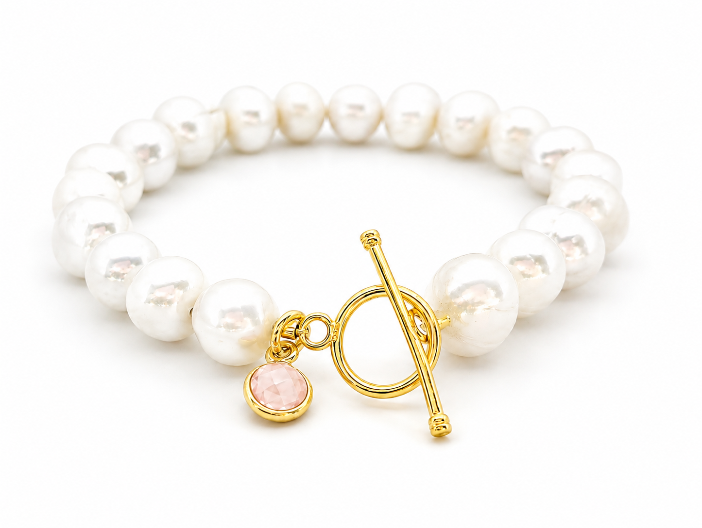 October Birthstone Pearl Bracelet Rose Quartz, Gold Charm Bracelet, Freshwater Pearl Bracelet, October Birthday Gift for Her, Bridesmaid