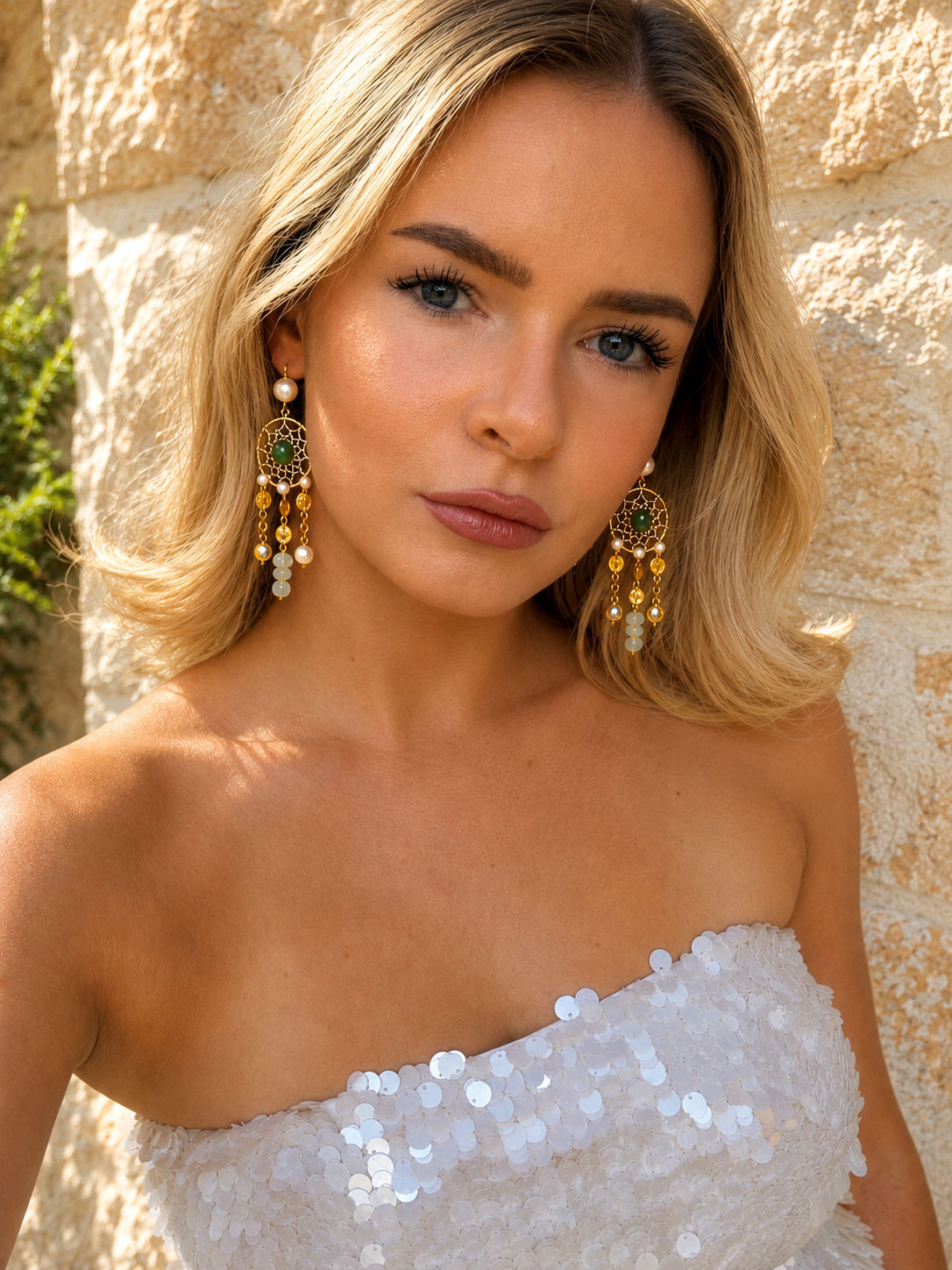 Boho Gemstone Chandelier Earrings with Freshwater Pearls - Festival Statement Jewelry