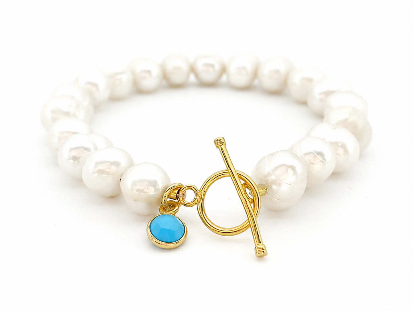 December Birthstone Pearl Bracelet, Turquoise Gold Charm Bracelet, Freshwater Pearl Bracelet Gold, December Birthday Gift for Her Bridesmaid