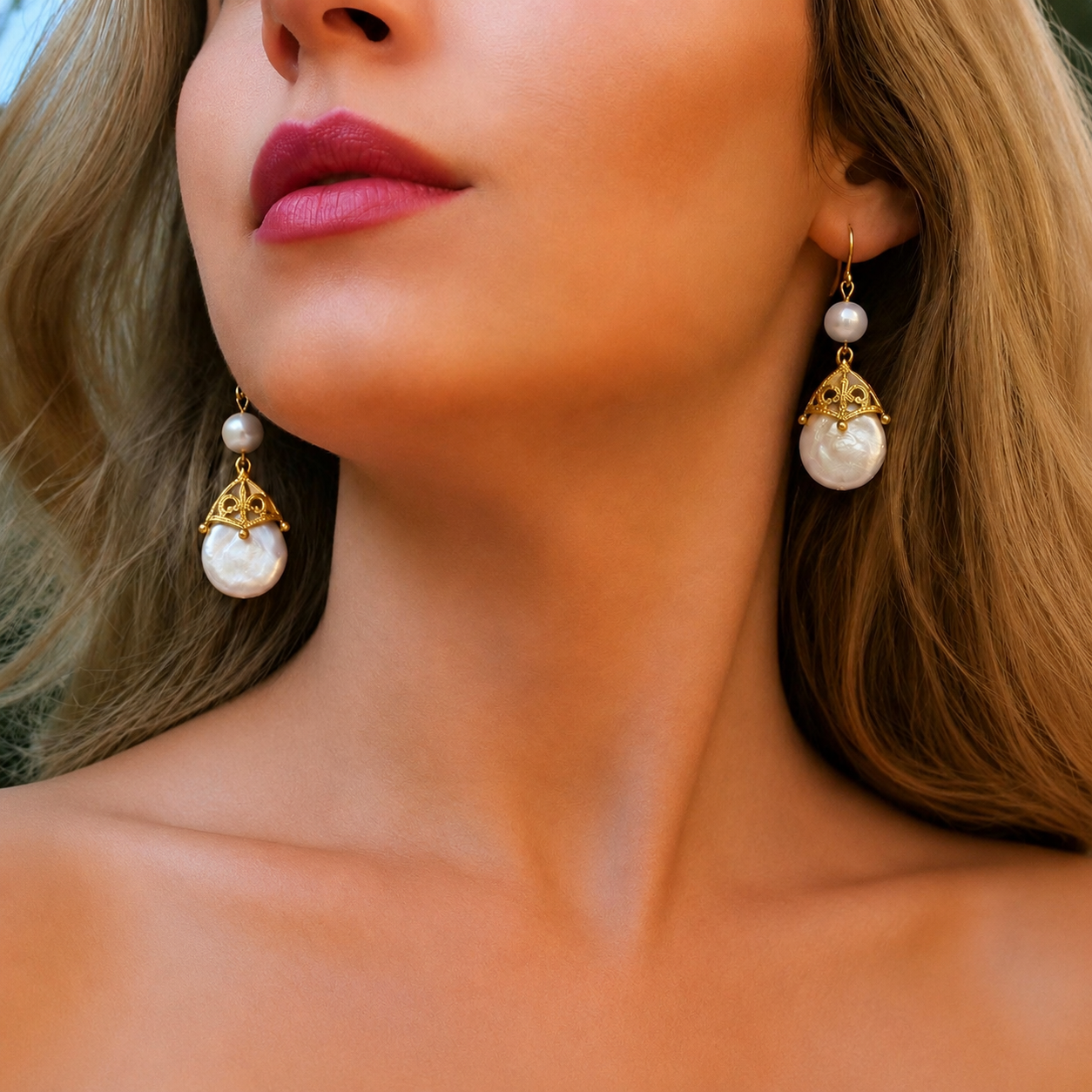 Gold Freshwater Pearl Drop Earrings – Floral Wedding Earrings