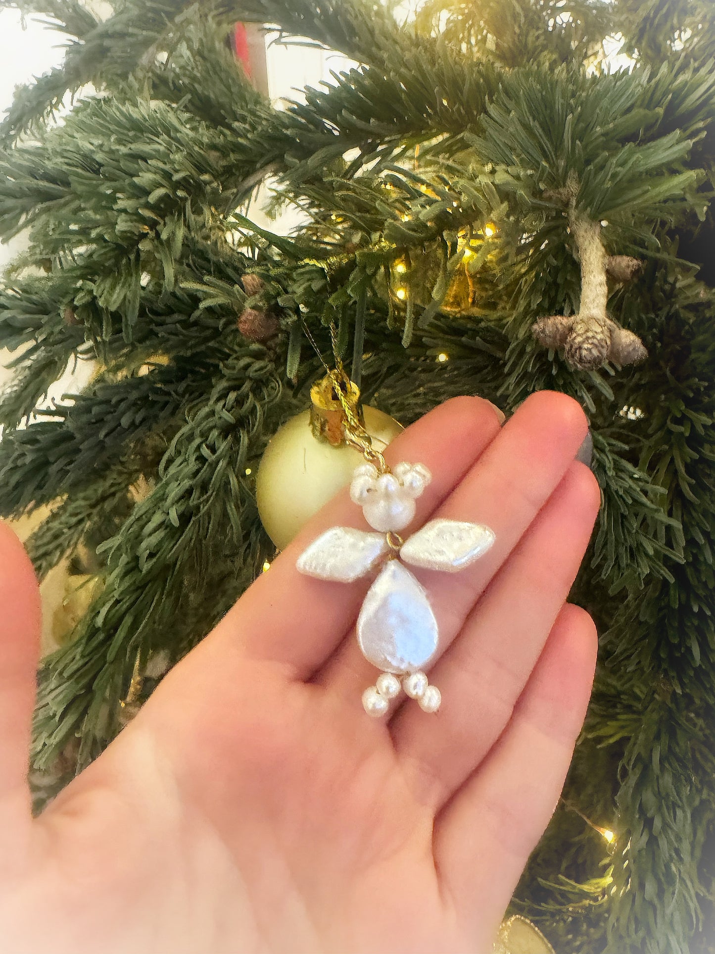 Angel Christmas Tree Bauble Ornament, White Freshwater Pearl Angel Charm for Tree, Small Xmas Ornaments, Dainty Angel Charm Tree Decoration