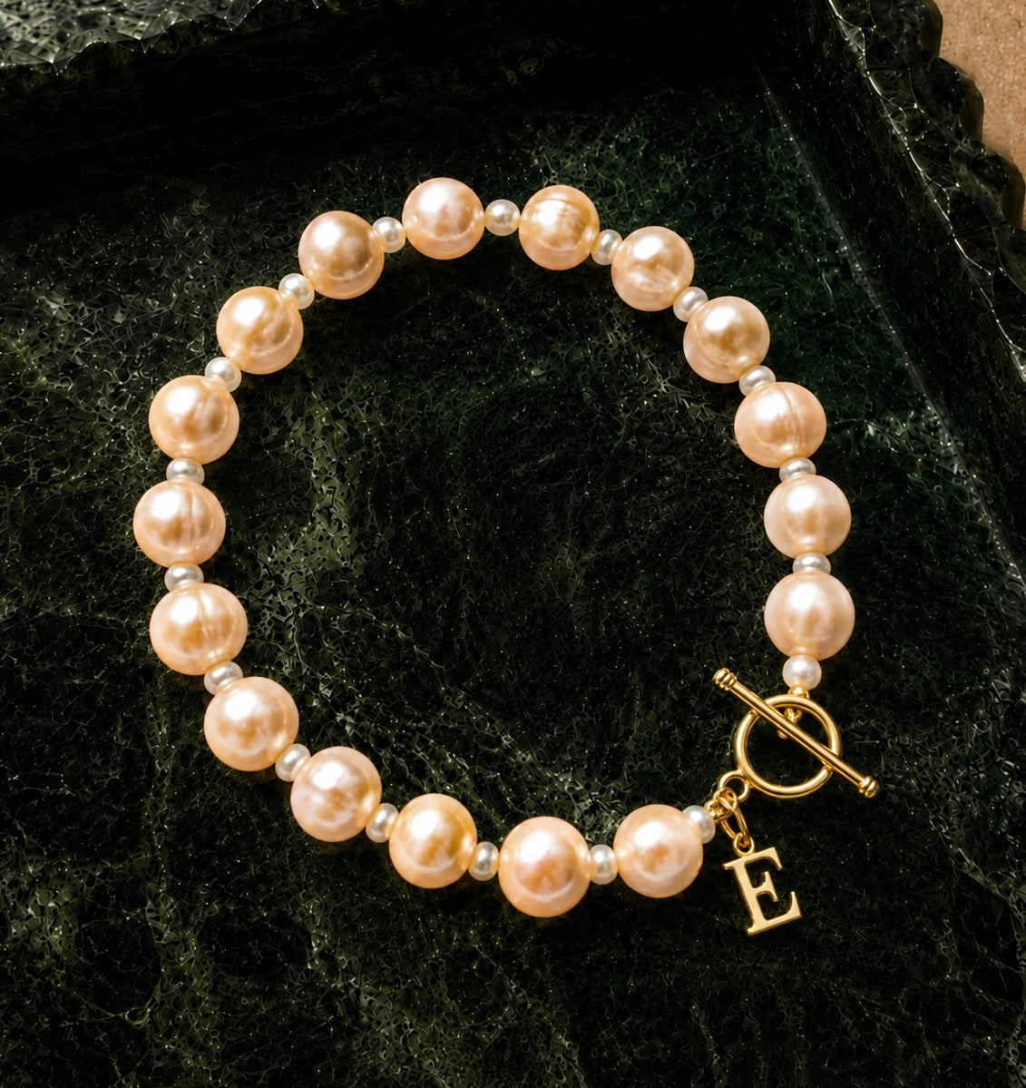 Letter charm bracelet, freshwater peach pearl bracelet with gold vermeil clasp and initial letter charm, personalized jewelry gifts