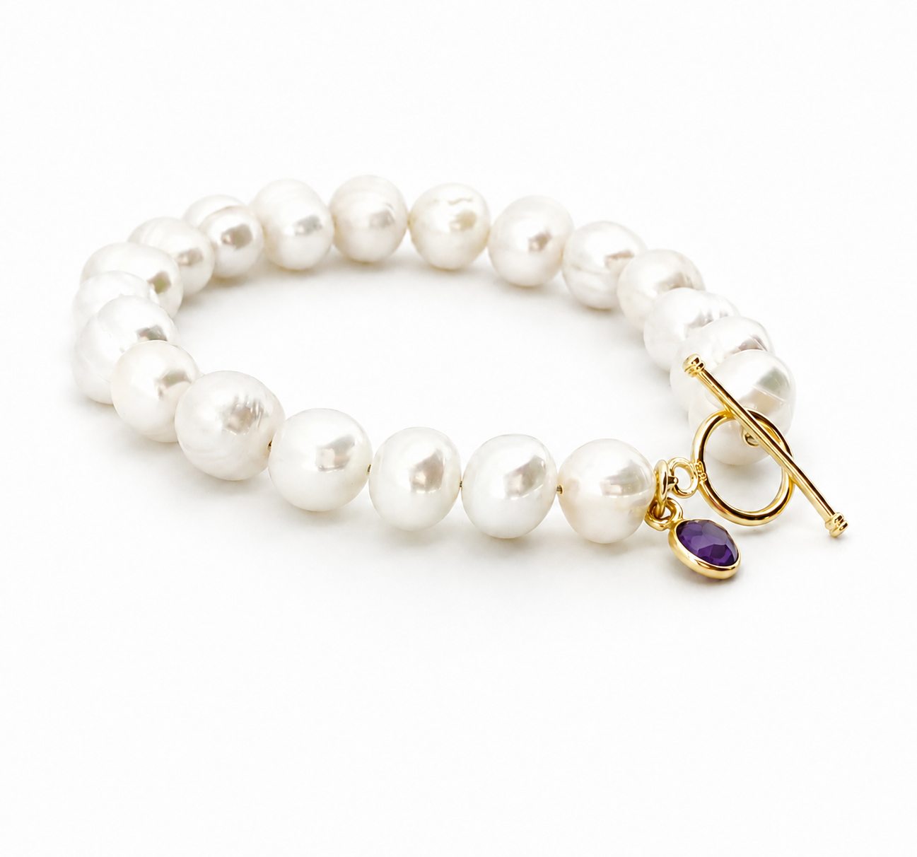 February Birthstone Pearl Bracelet, Amethyst Charm Bracelet, Freshwater Pearl Bracelet Gold, Bridesmaid Gift for Her, February Birthday Gift